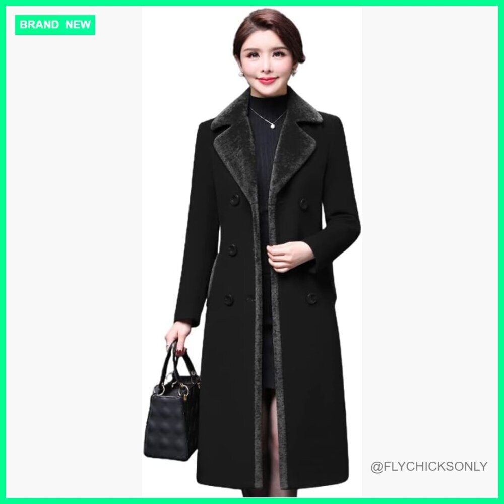 Wool Peacoat with Fur Collar Double Breasted Long Trench Coat